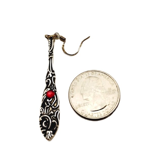 Vintage Style Ornate Silver-Tone Drop Earrings Red Stone Accents NWOT - Picture 6 of 7